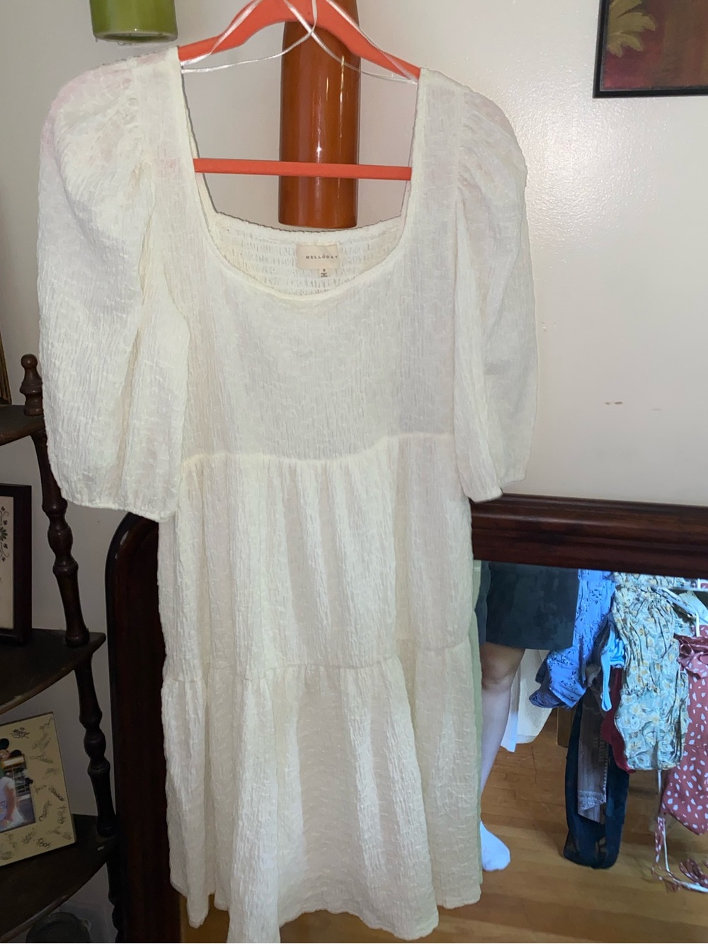 MELLODAY Textured Off-White Smocked Babydoll Dress